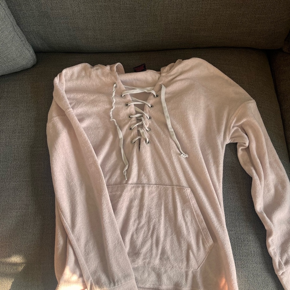Material Girl Lace-Up Hoodie - Light Pink